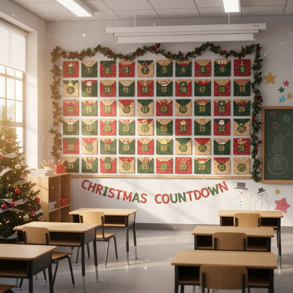 Calendario de adviento grande en la pared de un aula con sobres numerados