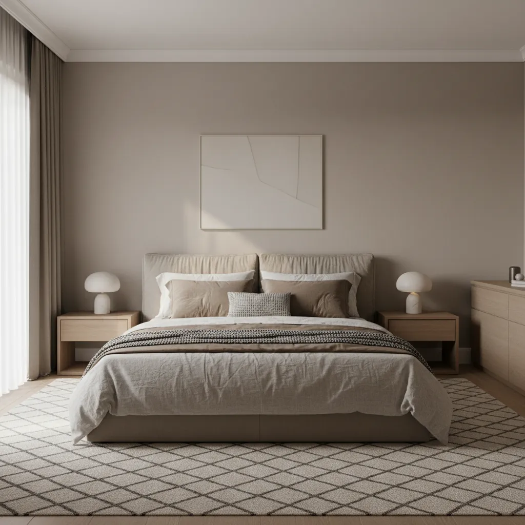 calm bedroom interior with balanced decor layout neutral palette and natural light