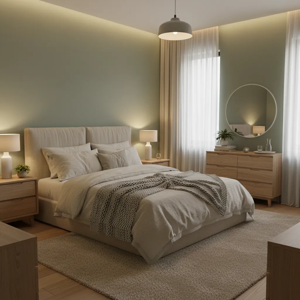 Relaxing bedroom with muted sage green walls and warm lighting