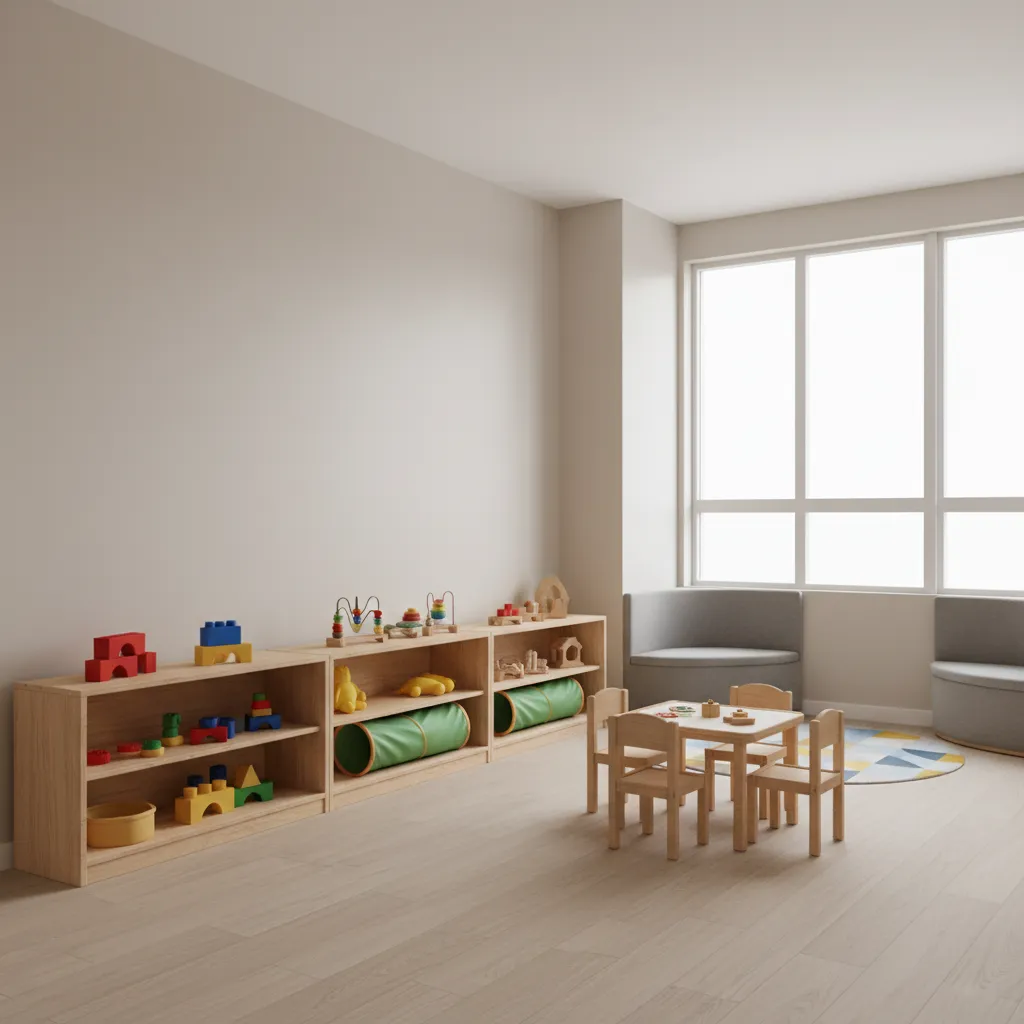 small daycare classroom with neutral colors natural wood shelves and soft lighting