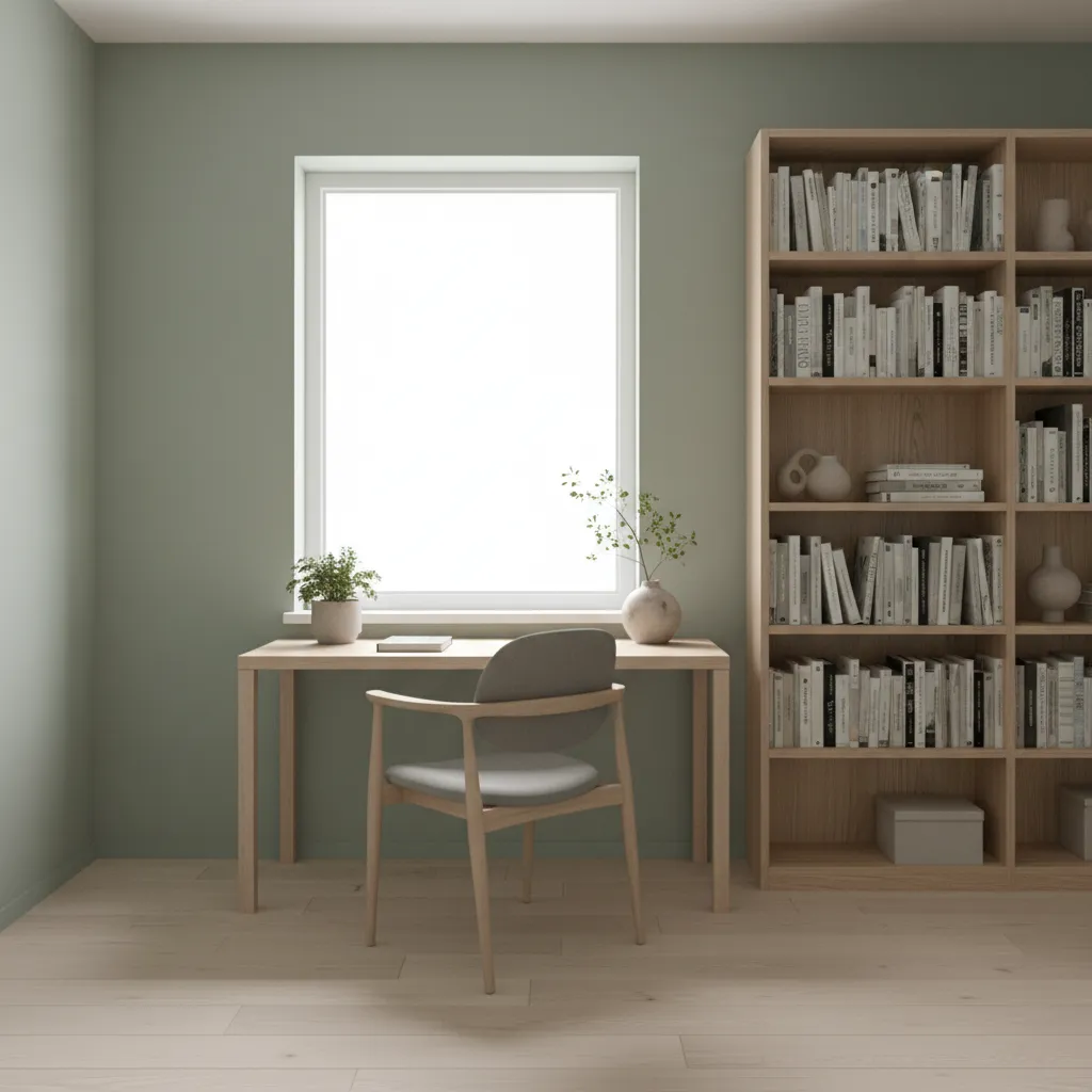Study room with soft green walls and wooden desk designed for focus
