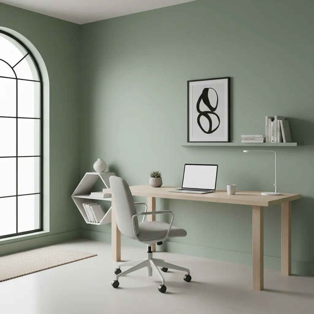 Minimal home office with sage green walls wood desk and natural daylight