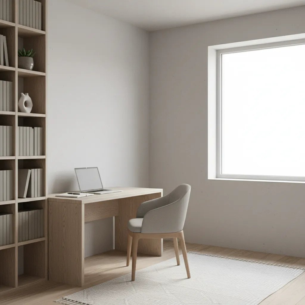 Minimal study room with neutral walls desk lamp and organized workspace