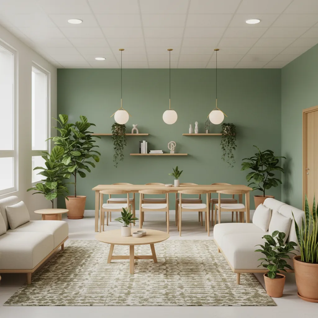 teacher staff room with soft neutral colors and warm lighting