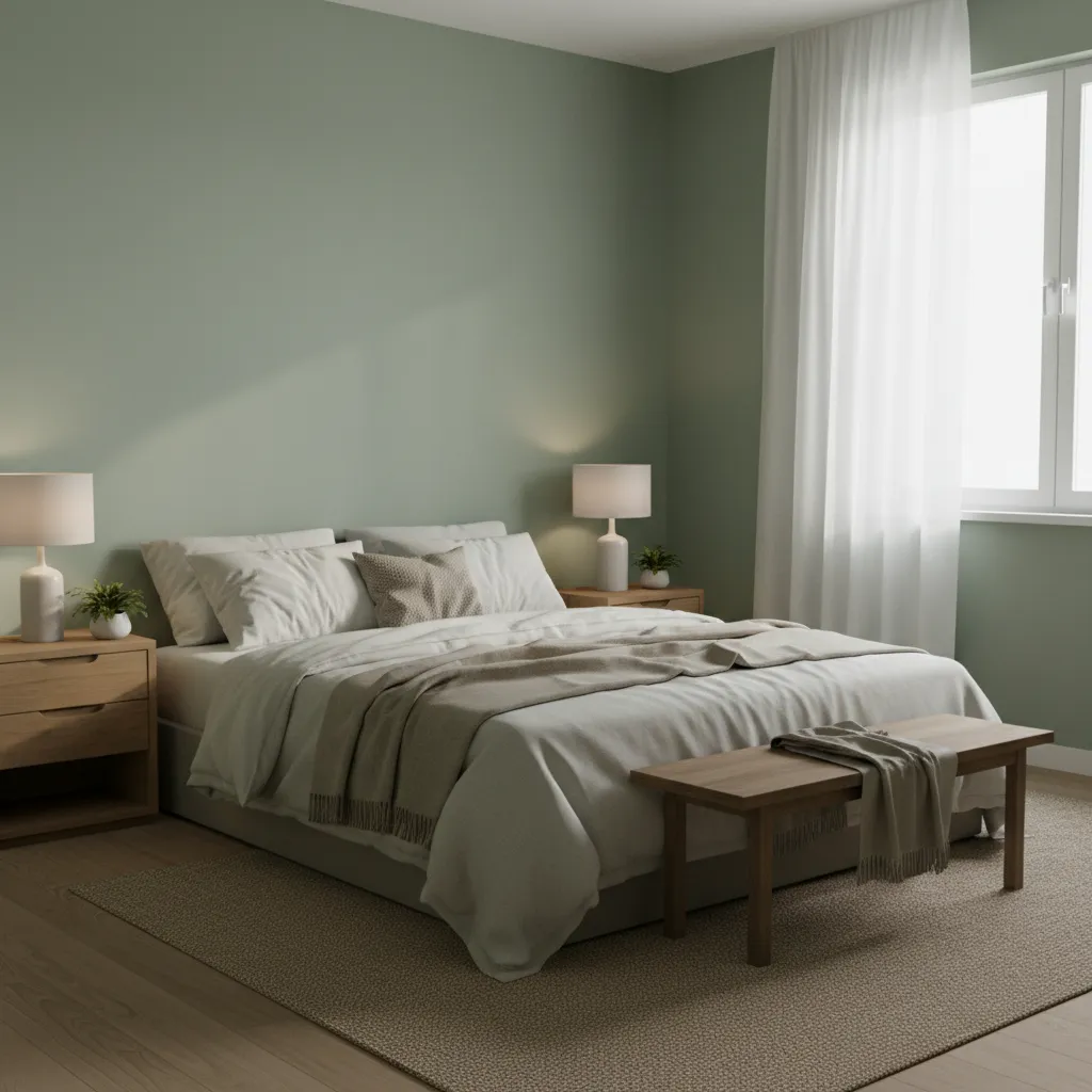 Bedroom with muted sage green walls and layered neutral bedding