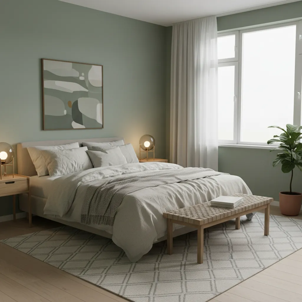 bedroom interior with soft sage green wall color and calm lighting