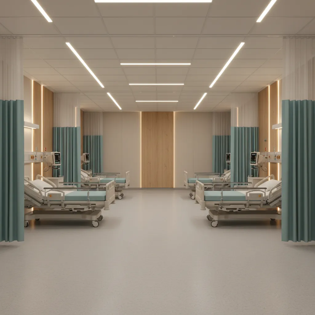 Emergency department interior with calming blue and green color palette