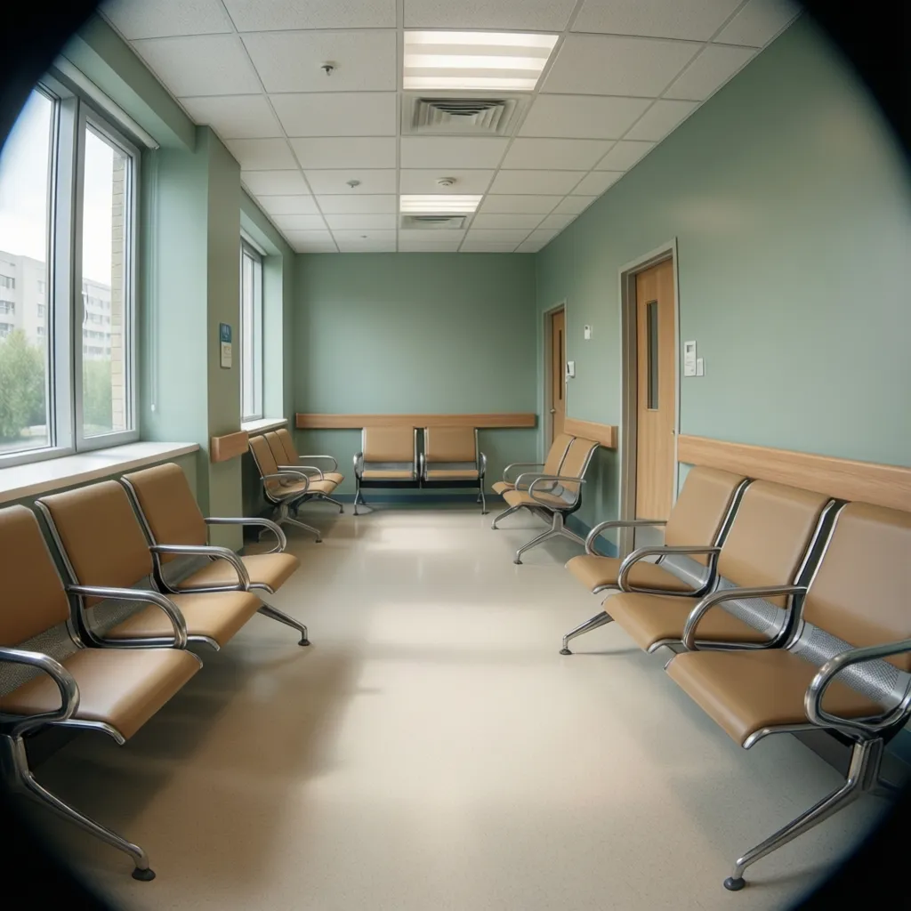 Emergency room waiting area with calming green and neutral color palette