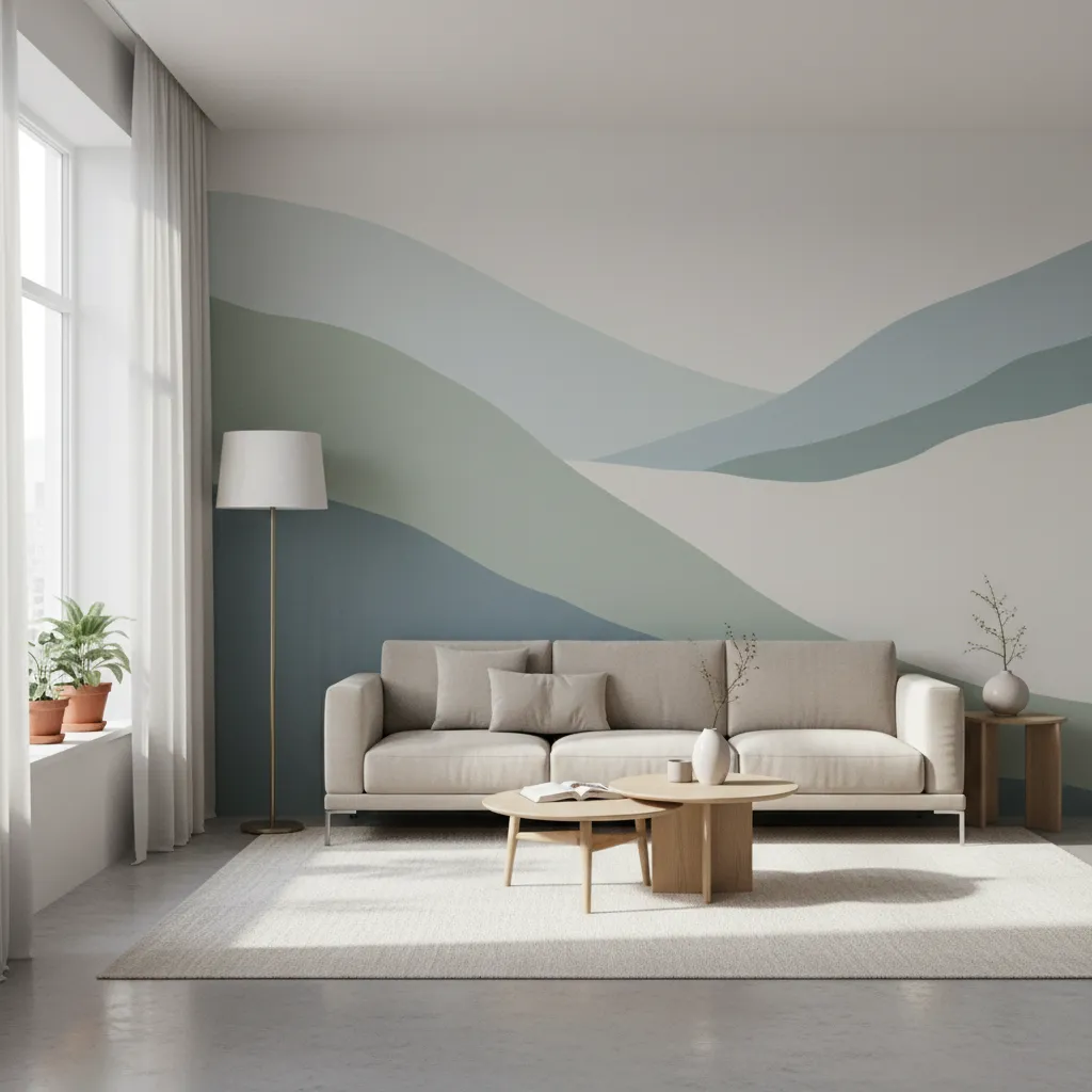 Minimalist living room with a large peaceful mural in muted colors