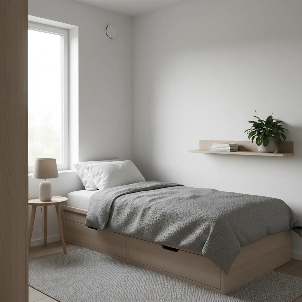 Dormitorio pequeño optimizado con cama de 90 y almacenamiento