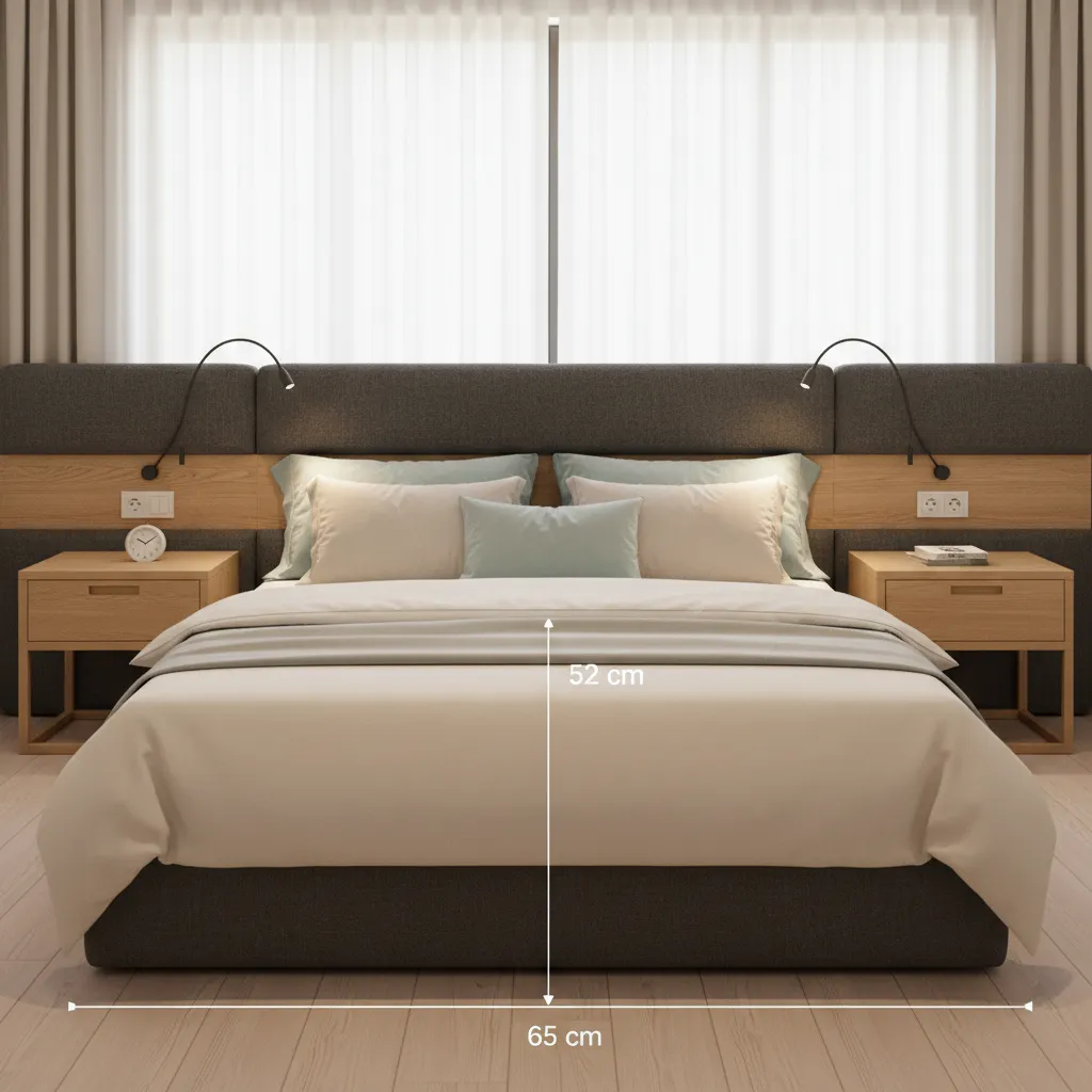 Bedroom with integrated headboard, compact nightstands, clear lateral circulation, and tidy electrical