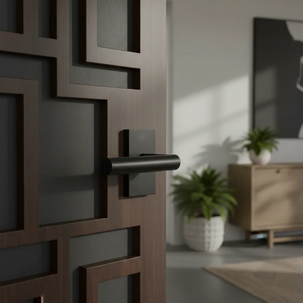 Detalle de manilla moderna en una puerta interior decorada