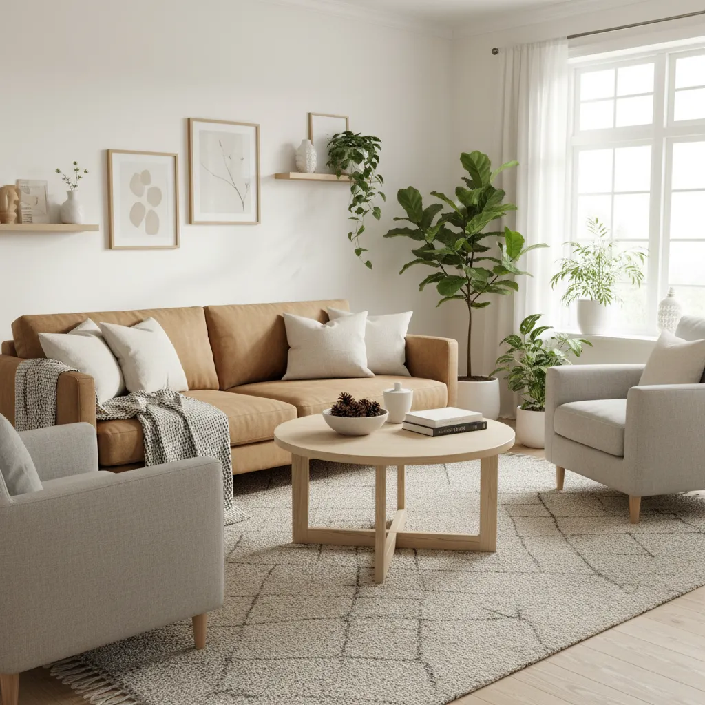 Camel fabric sofa in a cozy family living room