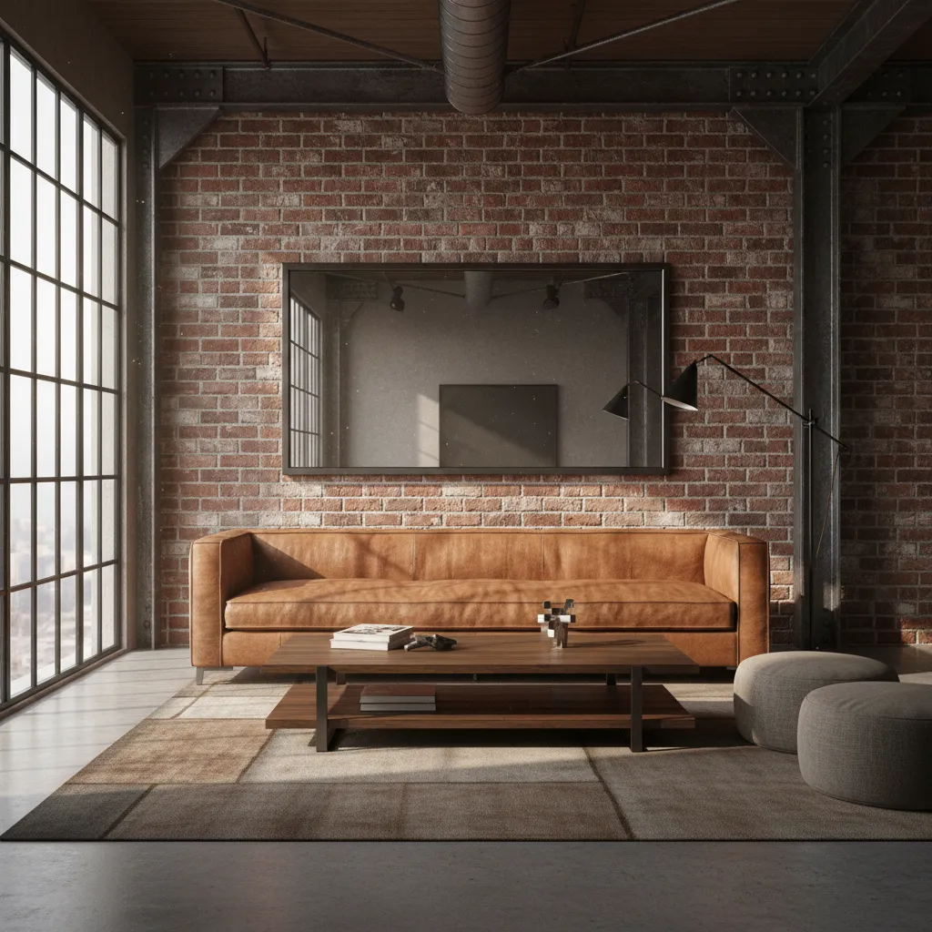 Camel leather sofa in a modern loft living room
