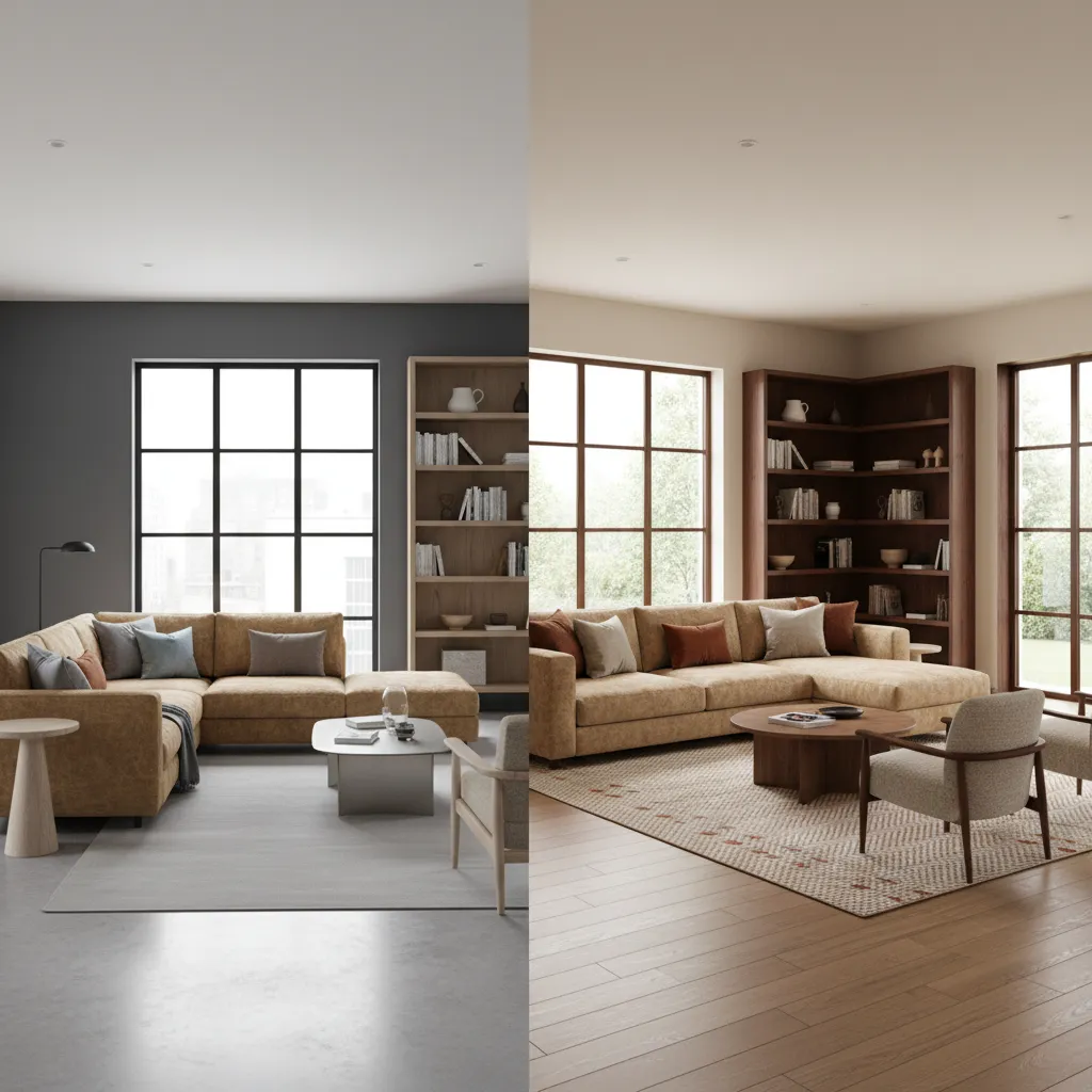 Comparison of cool gray palette vs warm neutral palette with camel sofa