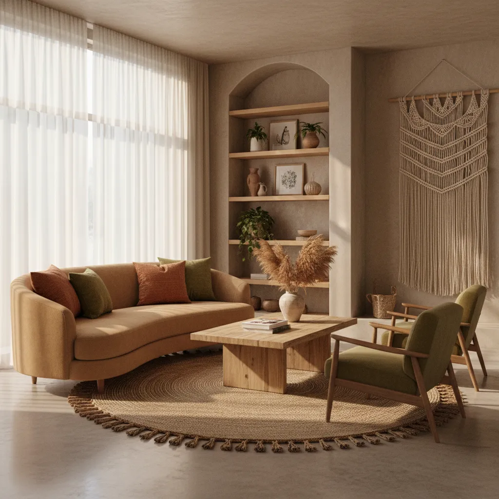 Earth tone living room with camel sofa terracotta and olive accents