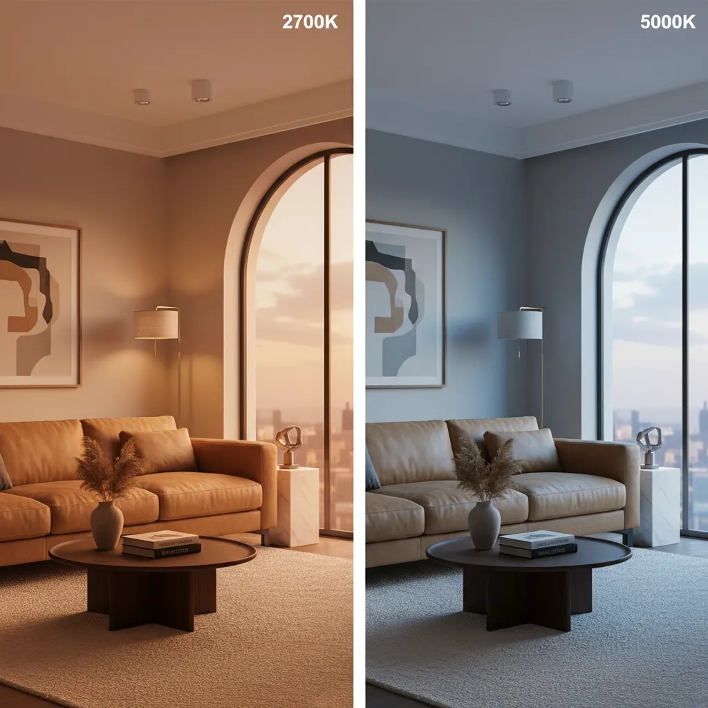 Camel sofa shown under warm lighting and cool lighting comparison