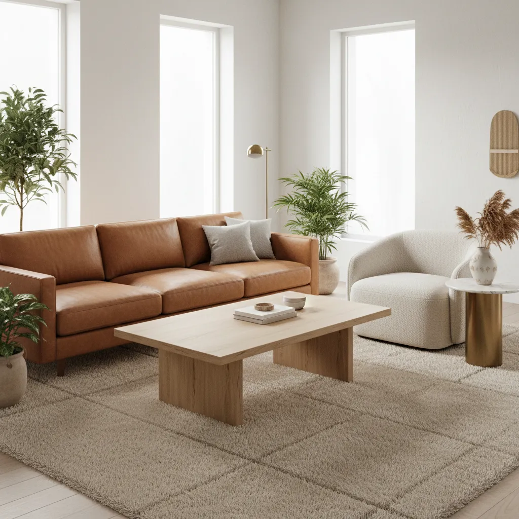 Camel sofa paired with wood, wool rug, and stone table textures in a modern interior