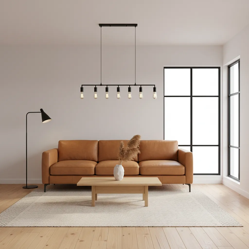 Minimalist living room with camel leather sofa white walls and black accents