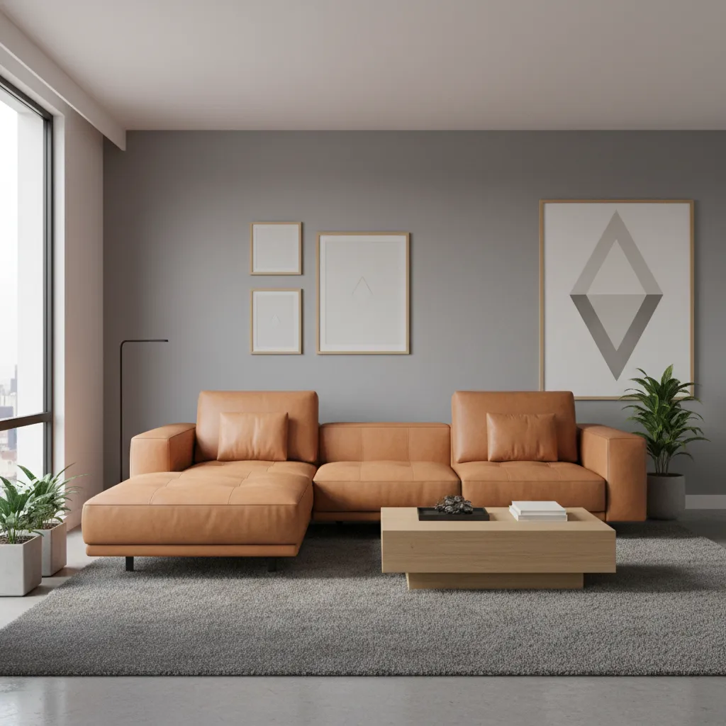 Camel sofa in cool gray living room showing color mismatch