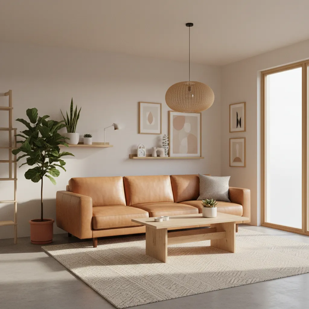 Bright modern living room with camel leather sofa and neutral decor