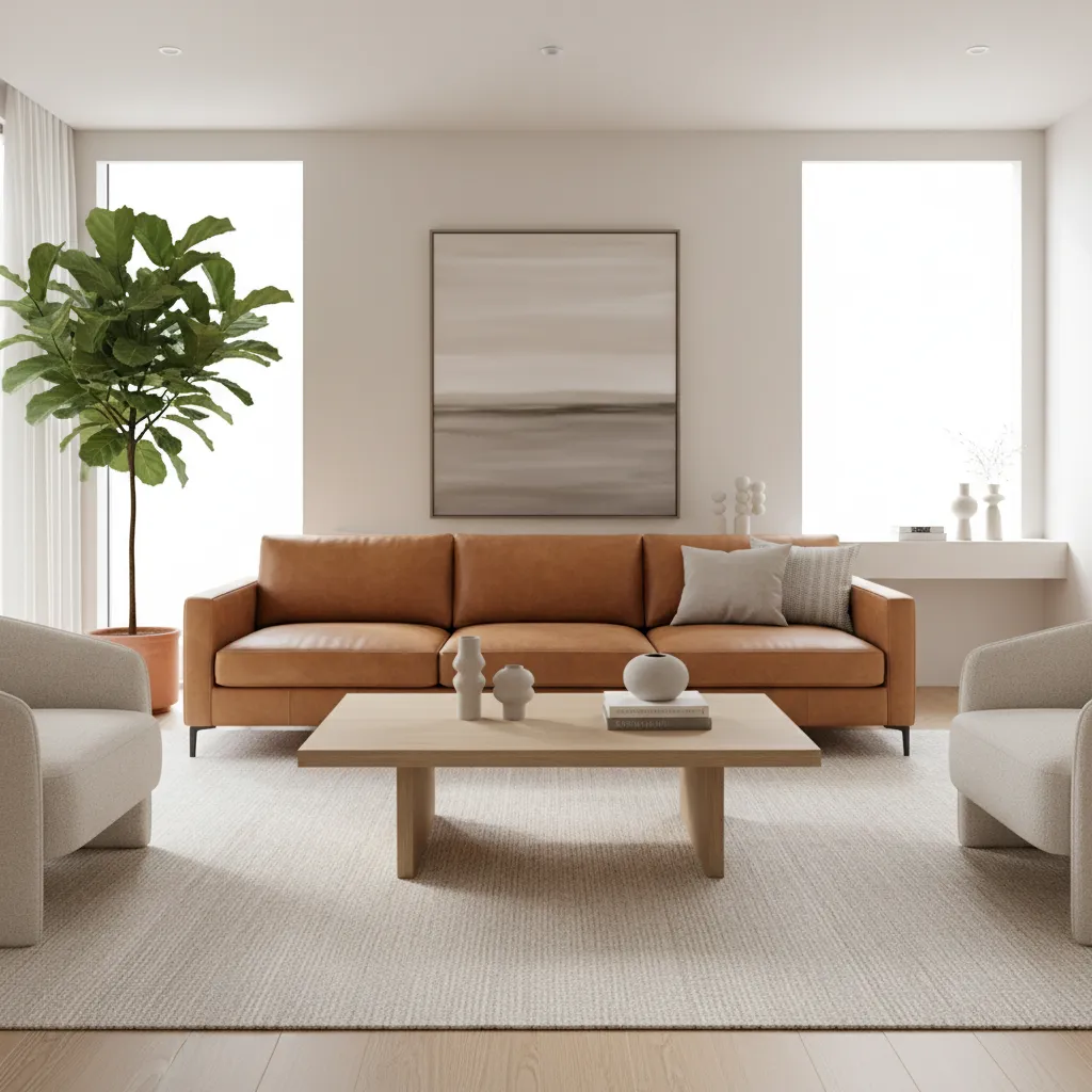 Contemporary living room featuring a camel sofa with neutral palette and modern decor