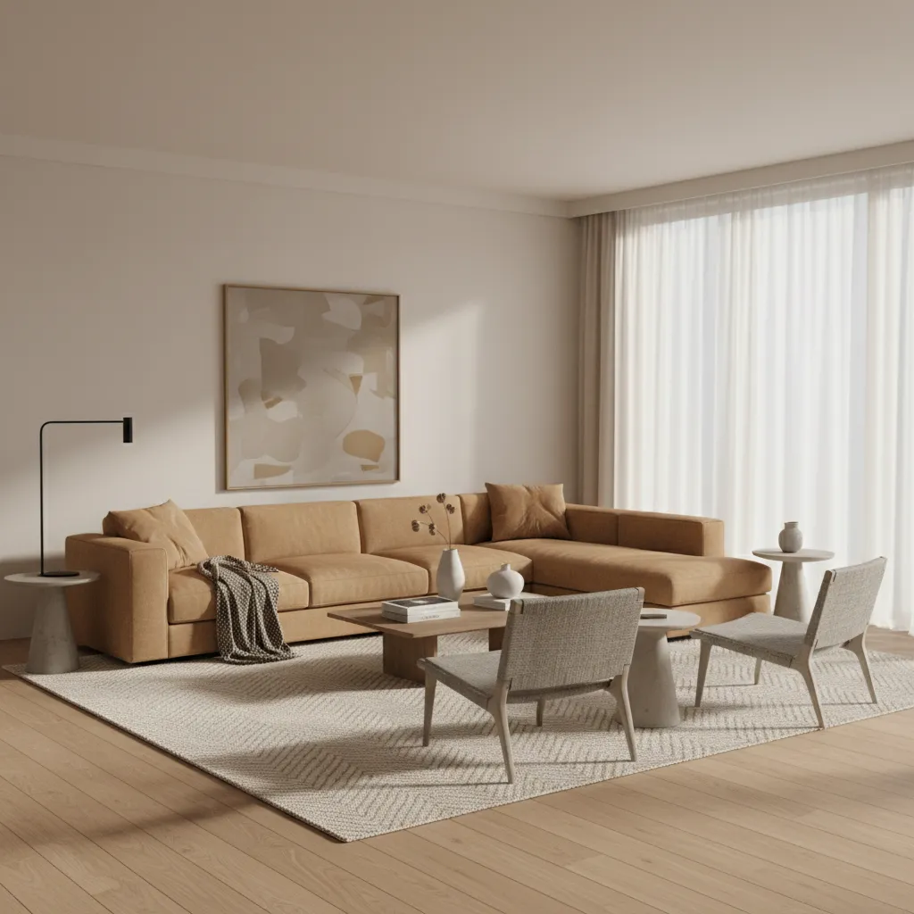 Camel colored sofa styled in a warm modern living room