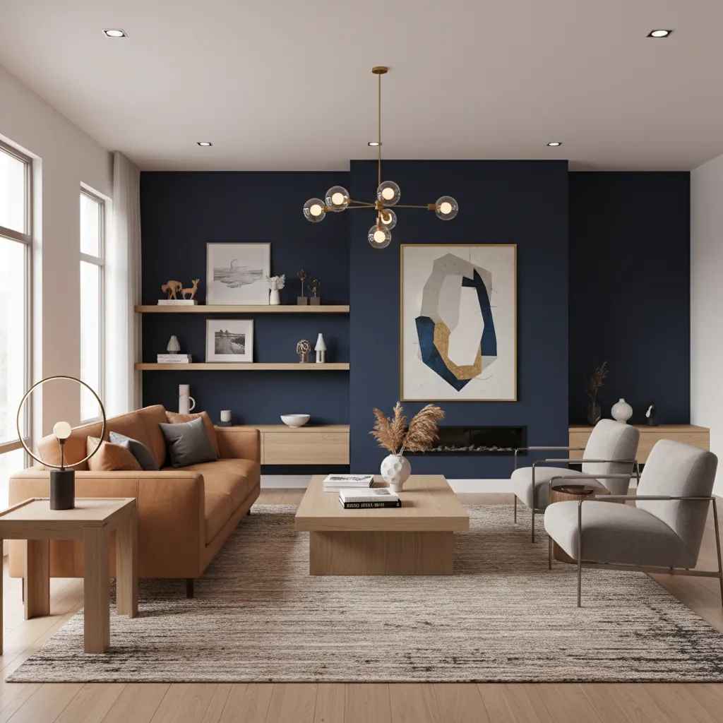 Camel sofa paired with navy accent wall in modern living room