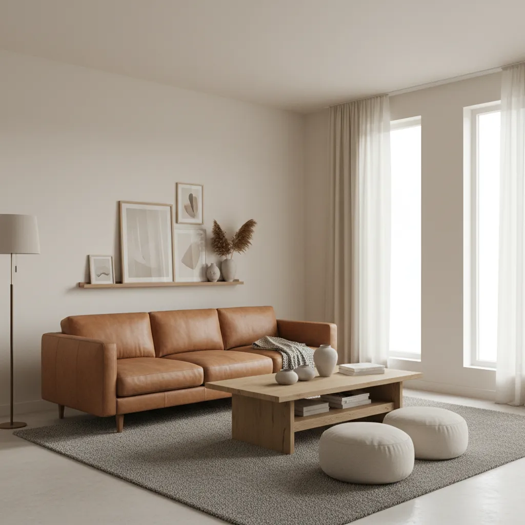 Neutral living room with camel leather sofa and layered beige tones
