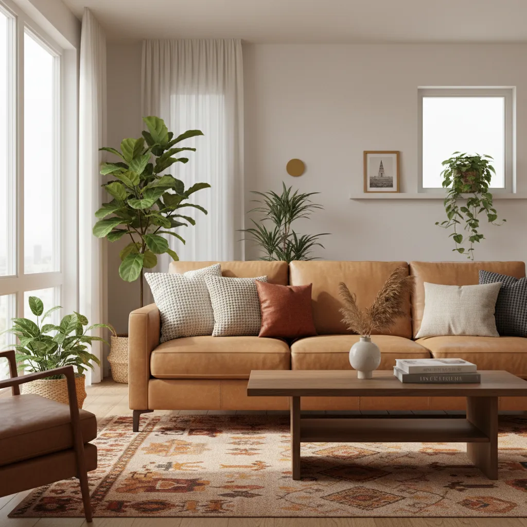 Camel sofa styled with warm rug pillows and wood furniture