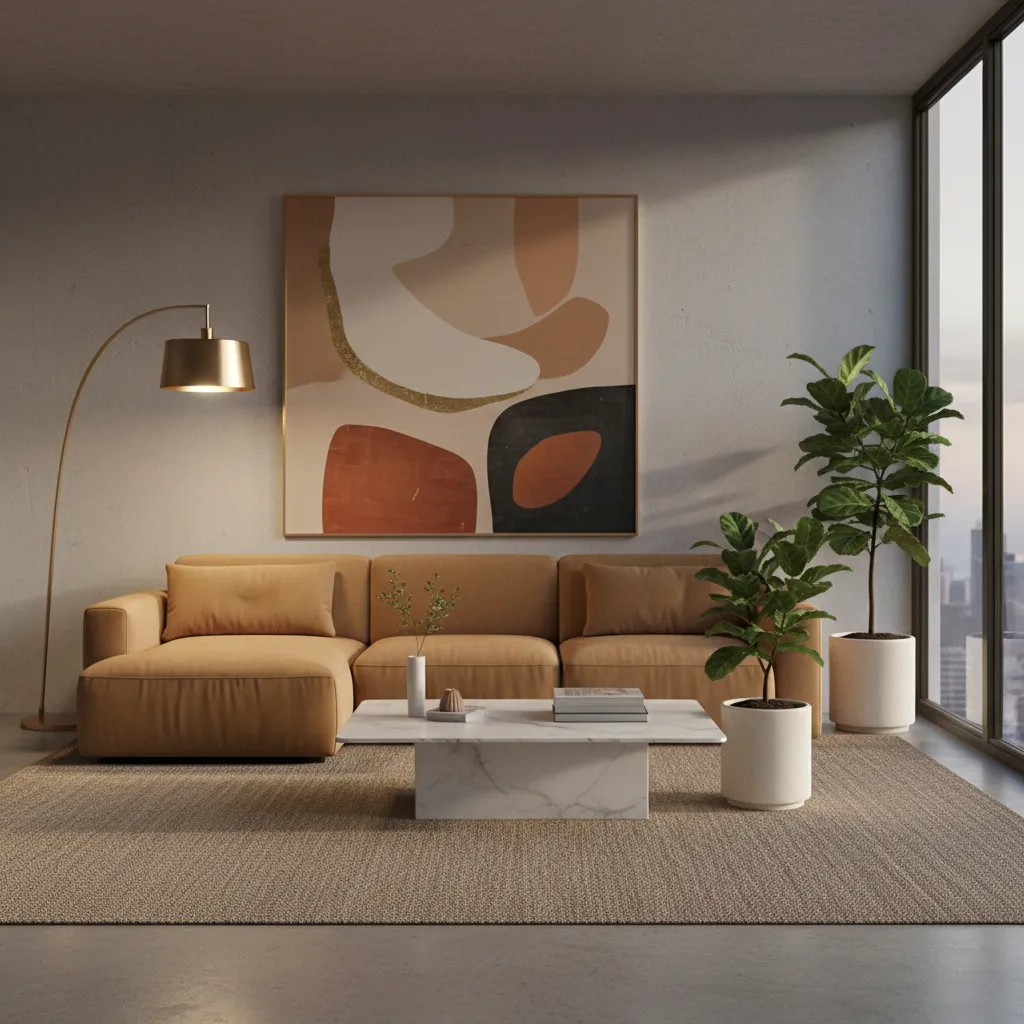 Camel sofa with large wall art and modern lighting arrangement
