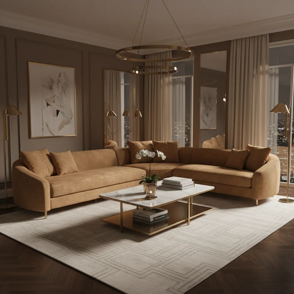 Camel velvet sofa in a luxury styled living room