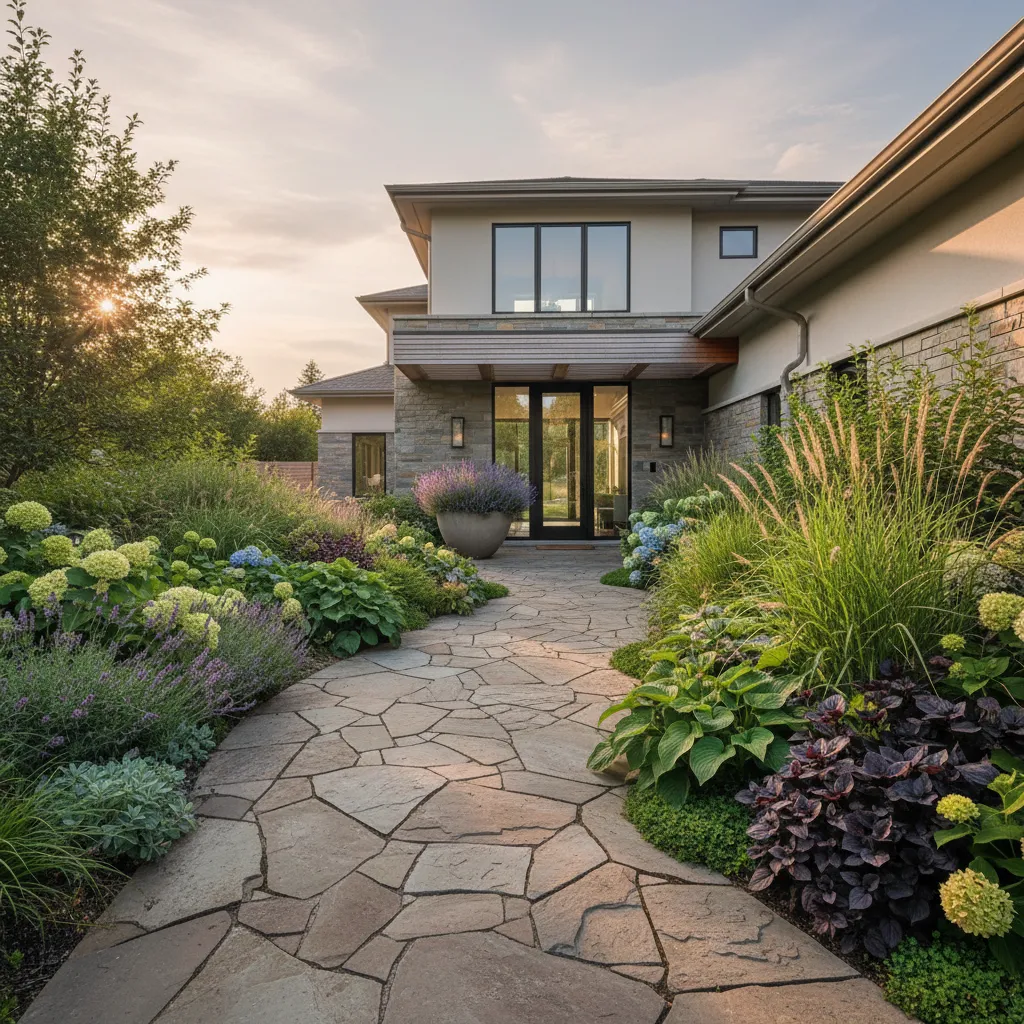 Stone walkway leading to a modern house surrounded by lush gardens with colorful blooming flowers