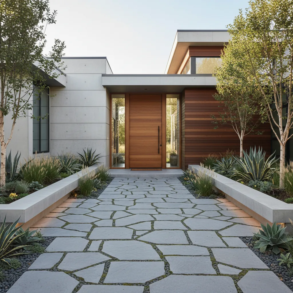 Stone walkway leading to wooden front door of modern house with green plants and trees
