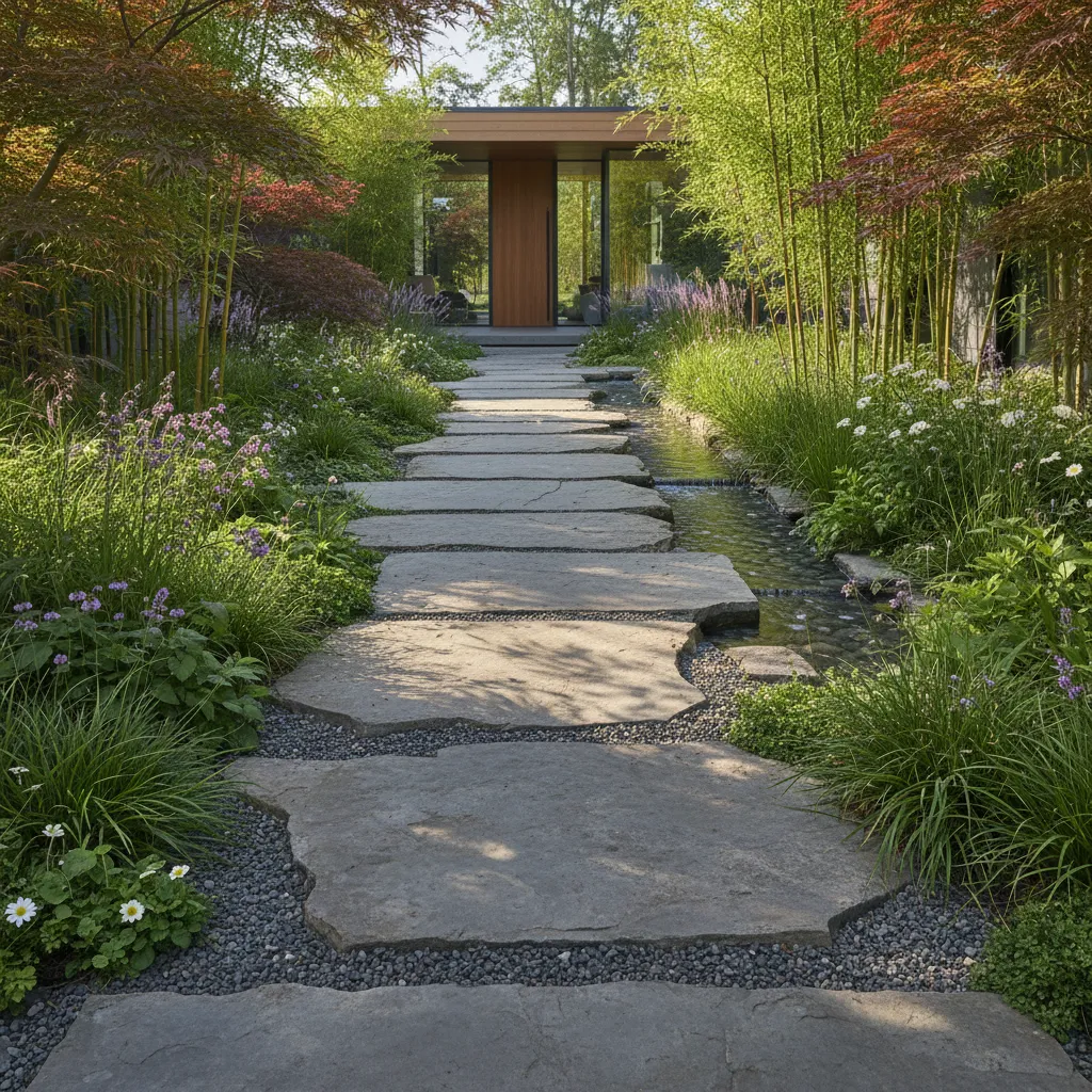 Large stone path leading to house entrance with green bamboo trees and small running water