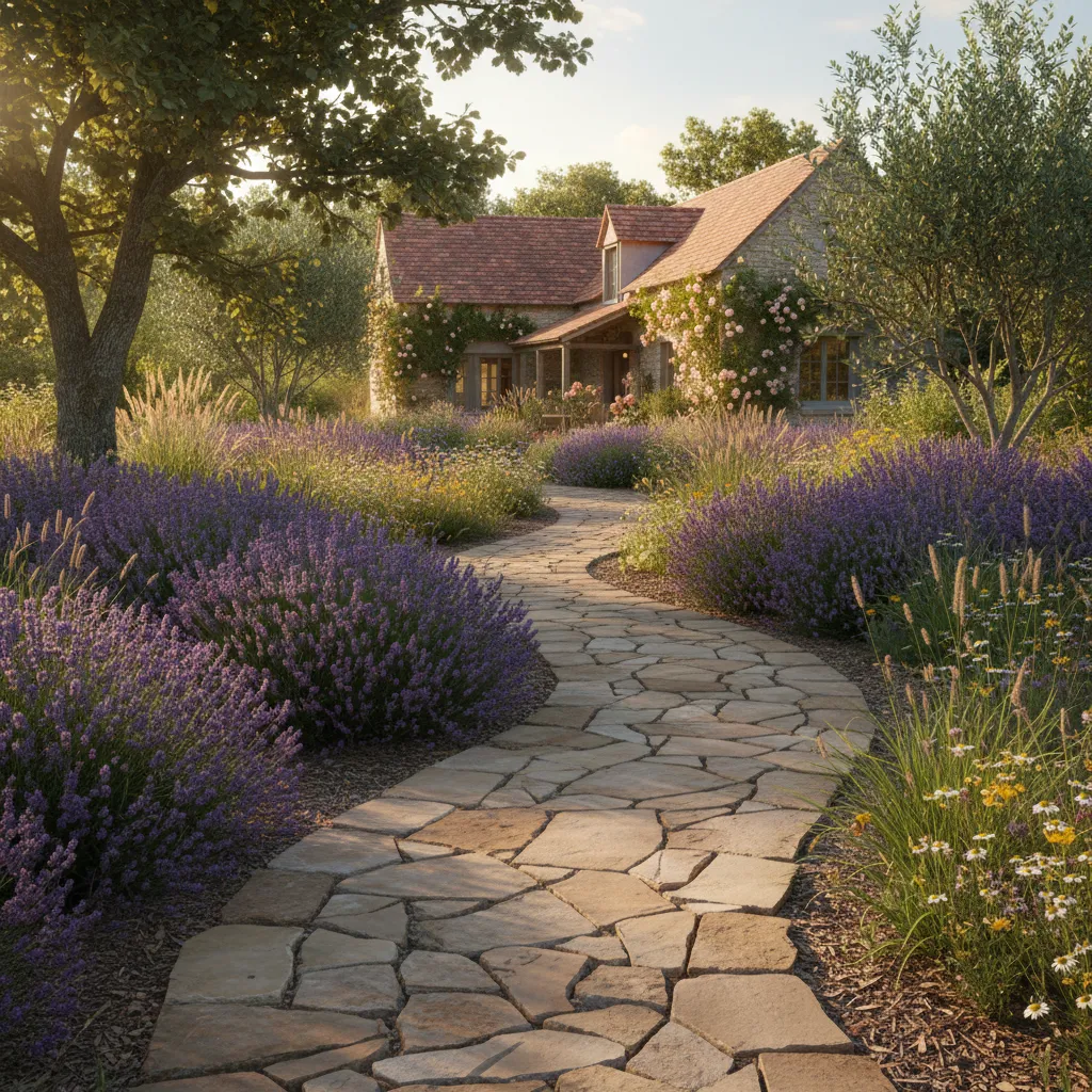 Camino curvo de piedra en un jardín de casa de campo