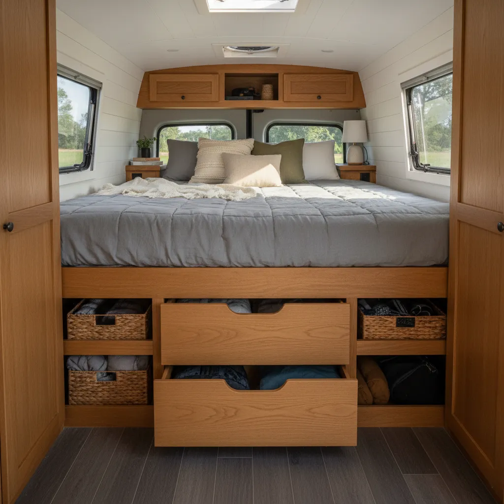 Diseño de cama trasera fija en una casa rodante