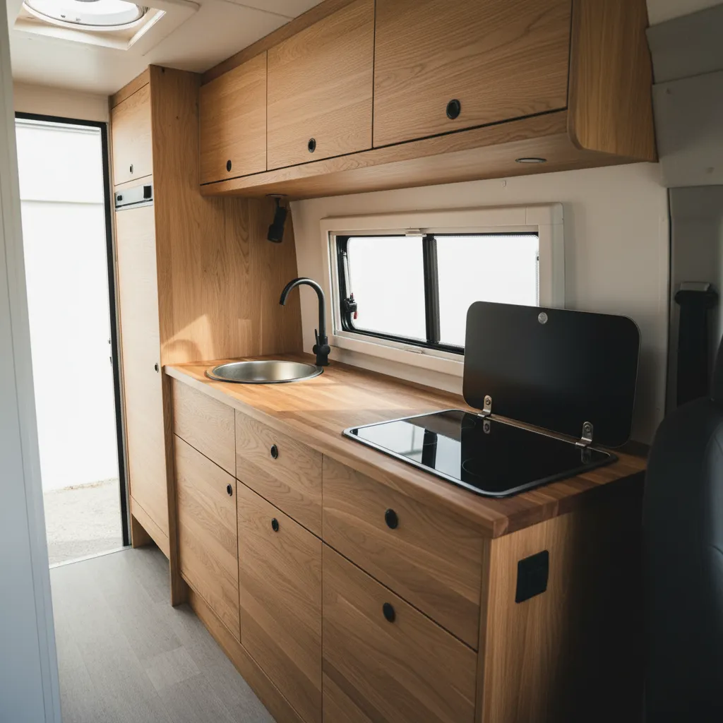 Cocina compacta dentro de una casa rodante moderna