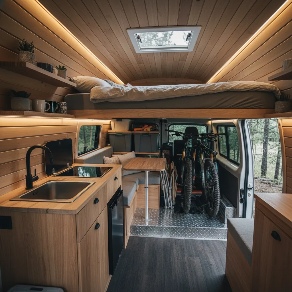 Distribución de camper L2H2 con cama trasera elevada y garaje inferior