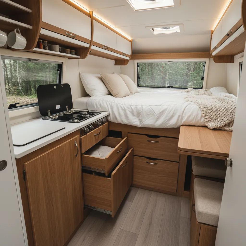 Vista general del interior de una casa rodante con cocina, cama y almacenamiento