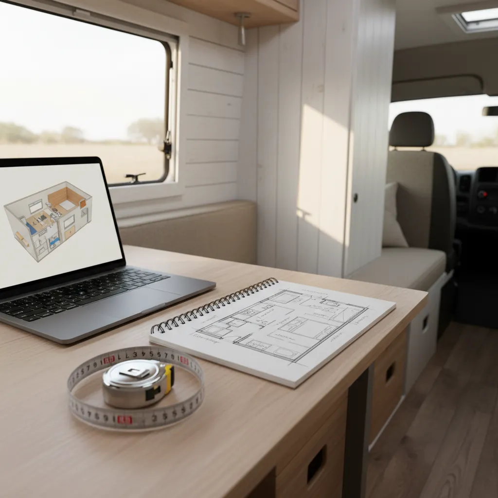 camper van interior with layout sketch planning tools on table