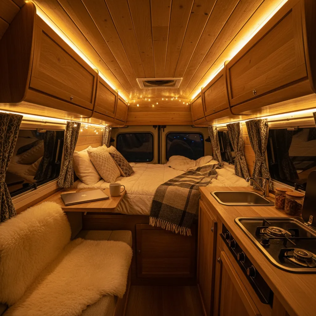 Interior de camper iluminado con luces LED cálidas por la noche
