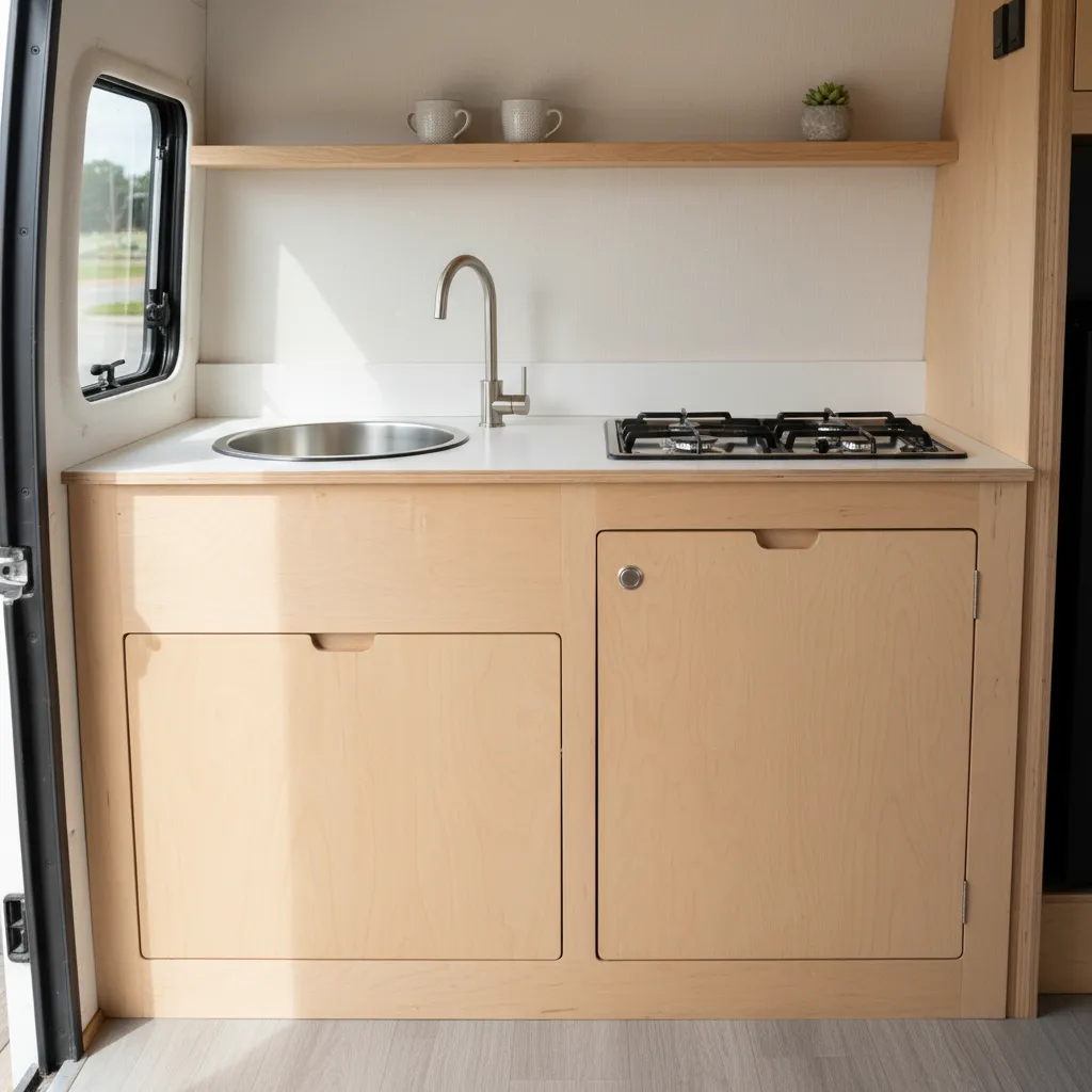 Cocina compacta instalada en una camper van con fregadero y fogón
