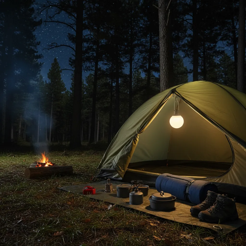 Rechargeable LED bulb hanging inside a camping tent at night
