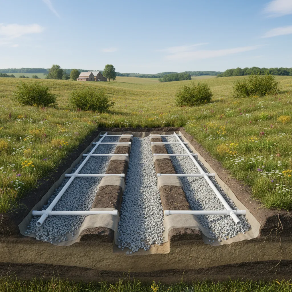 Cross-section showing a backyard drainage system with white pipes and gravel under a green field