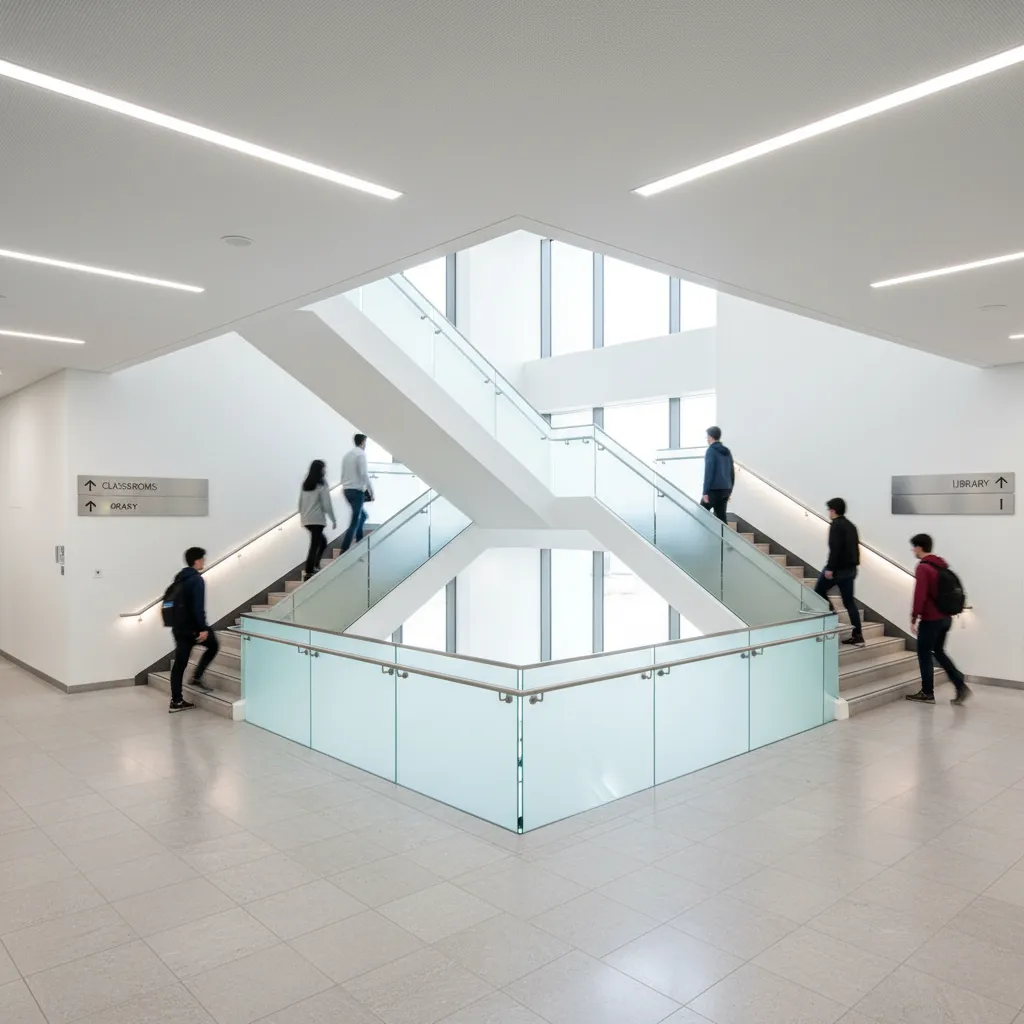 People walking on white modern stairs with glass railings and bright ceiling lights inside school