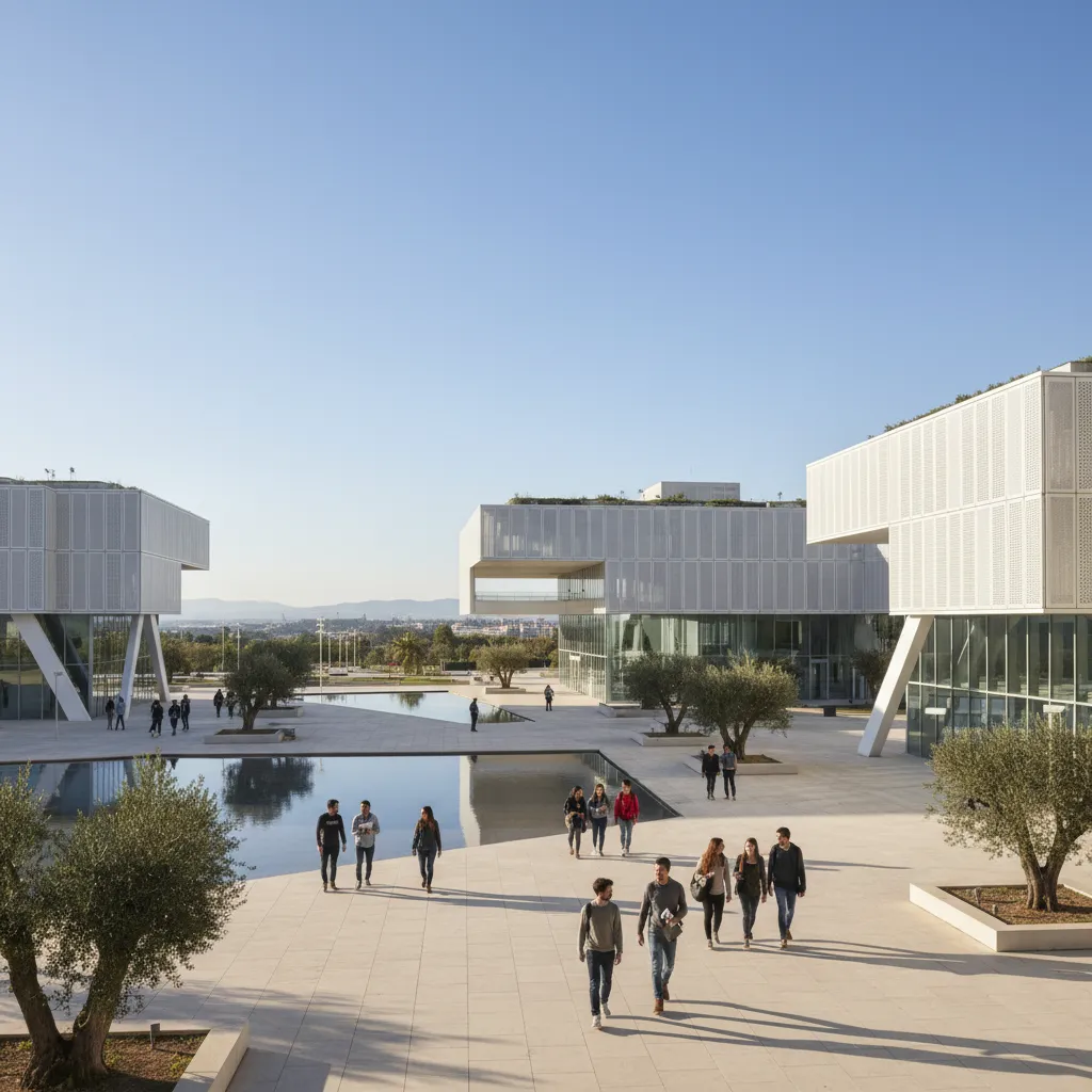 Campus universitario moderno en Valencia con estudiantes de diseño