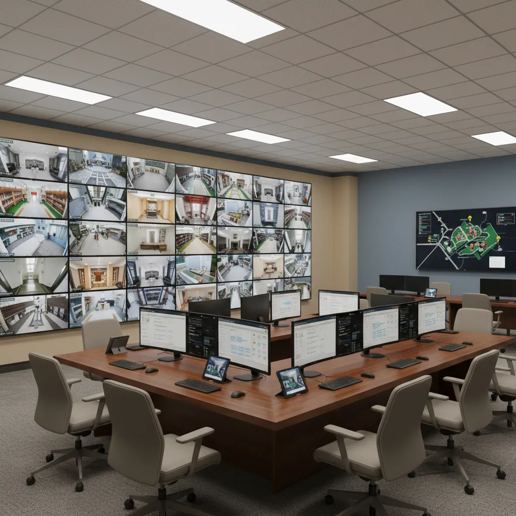 University campus emergency operations room with monitoring screens