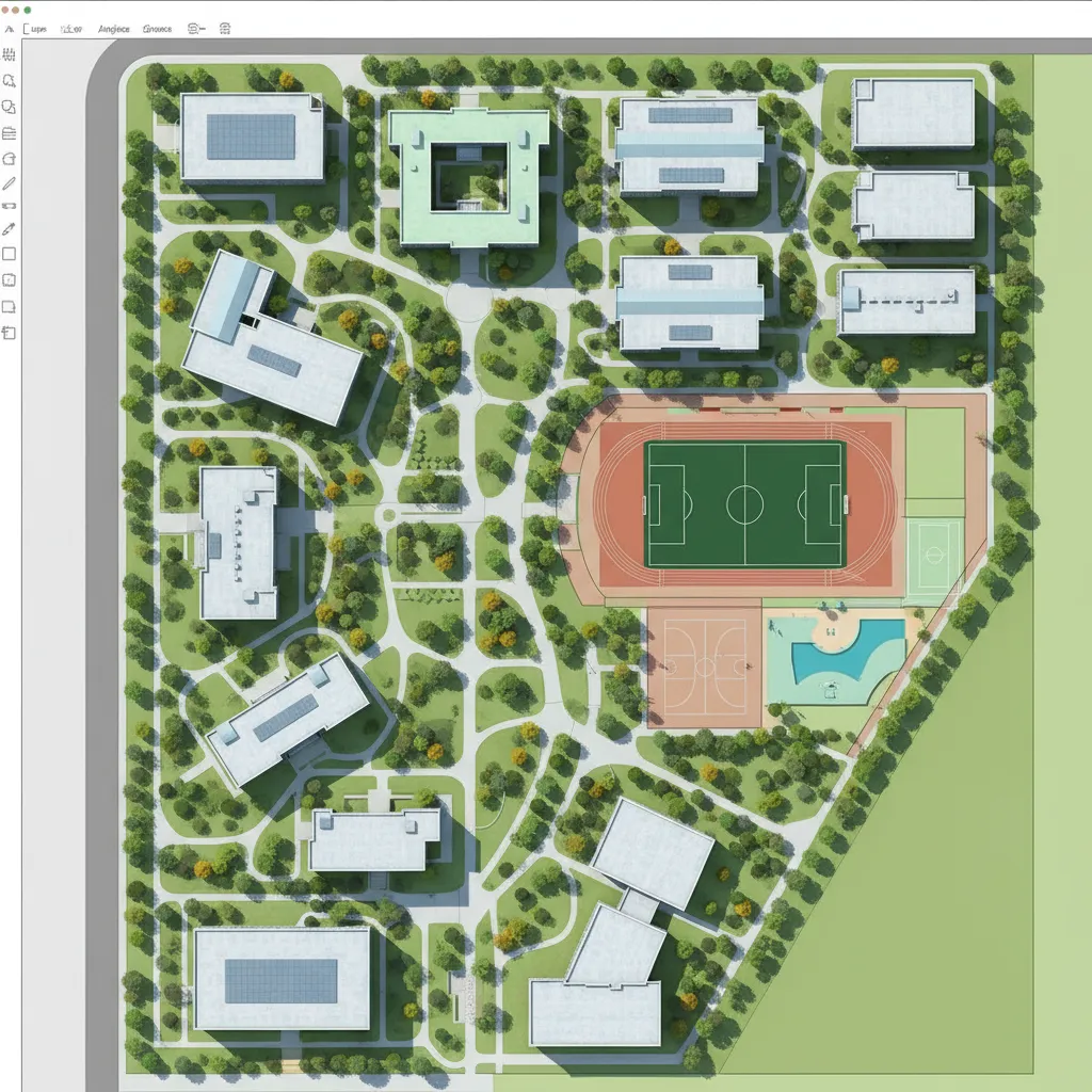 Digital campus planning view showing multiple school buildings and layout zones