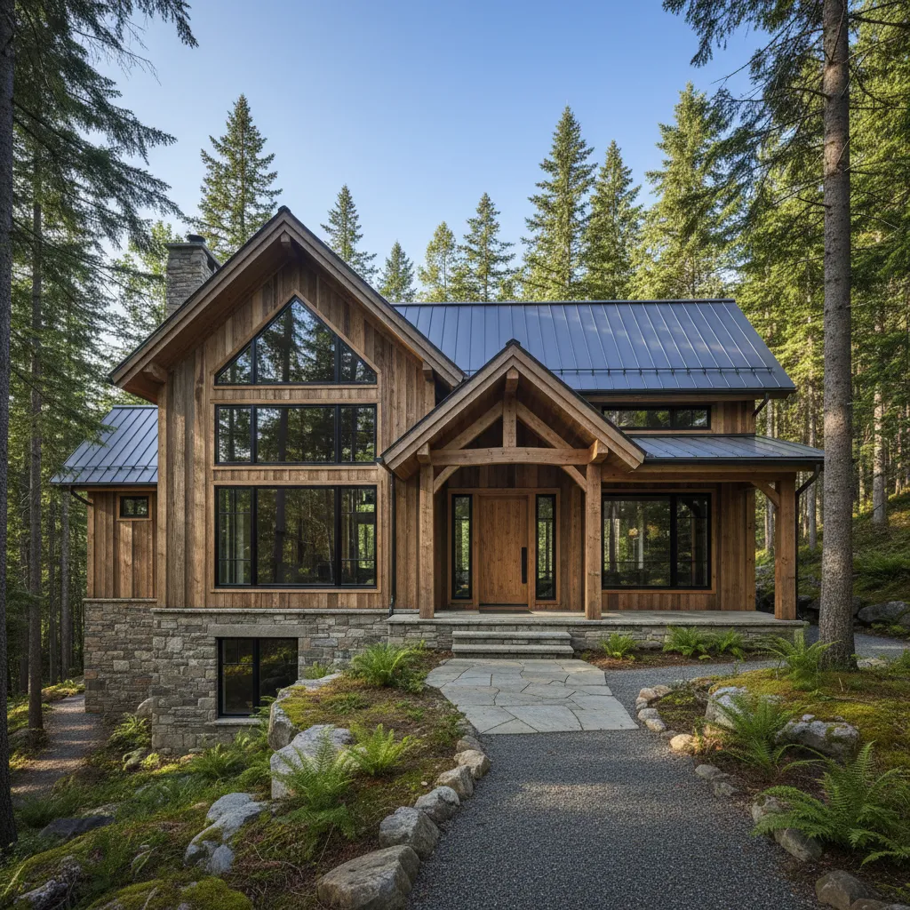 Fachada de casa canadiense con madera natural y techo inclinado